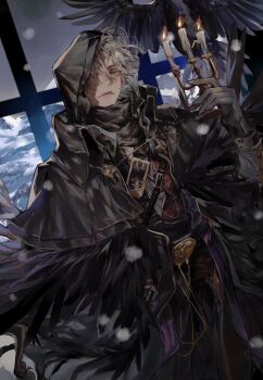 Rule 34 | 1boy, absurdres, ahoge, belt, bird, bishounen, black belt, black bird, black cloak, black coat, black feathers, black gloves, black robe, blue eyes, candle, candlestand, cloak, coat, commentary request, cowboy shot, crow, feathers, fire, gloves, grey gloves, grey hair, hair over one eye, hand up, highres, holding, holding candlestand, hood, hood up, hooded cloak, jewelry, kkuekkue (chifer1958), korean commentary, long sleeves, looking at viewer, male focus, mountain, original, parted lips, robe, short hair, shoulder belt, snow, snowing, solo, standing, wallet chain, white hair, window