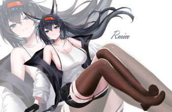 1girl absurdres animal_ear_fluff animal_ears arknights artist_name bare_shoulders black_gloves black_jacket blaze_(arknights) blue_eyes breasts brown_thighhighs chinese_commentary cleavage collarbone commentary_request full_body gloves hair_between_eyes hairband highres huge_breasts jacket light_blush long_hair looking_at_viewer no_shoes off_shoulder open_clothes open_jacket red_hairband remico simple_background smile solo tank_top teeth thighhighs toes white_background white_jacket white_tank_top zoom_layer