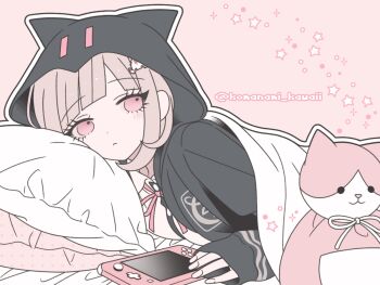 1girl animal_bag blush brown_hair cat_bag collared_shirt commentary_request danganronpa_(series) danganronpa_2:_goodbye_despair flipped_hair frown hair_ornament handheld_game_console hood jacket komanami_kawaii long_sleeves looking_at_viewer lying medium_hair nanami_chiaki neck_ribbon on_stomach open_clothes open_jacket pillow pink_bag pink_eyes pink_ribbon ribbon shirt solo star_(symbol) white_shirt