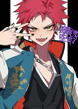 1boy black_nails chain chain_necklace commentary_request eyelashes full-length_zipper harai_kuko high_collar highres hypnosis_mic jacket jewelry male_focus mg_nemuio multiple_rings necklace red_hair ring short_hair solo spiked_hair unzipped v v_over_eye yellow_eyes zipper