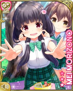 2girls black_hair bow card_(medium) closed_mouth cup day girlfriend_(kari) green_bow green_skirt hair_ornament hiragi_makoto_(girlfriend_(kari)) kneeling low_twintails morizono_mei mug multiple_girls official_art open_mouth orange_eyes outdoors plaid_clothes plaid_skirt pleated_skirt qp:flapper school_uniform shoes skirt smile socks tagme tugging twintails v-shaped_eyebrows