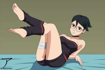 1girl arekusanderu black_eyes black_hair boruto:_two_blue_vortex breasts collar feet glasses naruto_(series) short_hair solo toes uchiha_sarada