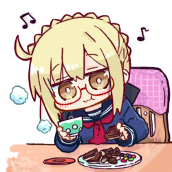 Rule 34 | 1girl, :t, artoria pendragon (fate), beamed eighth notes, blonde hair, blue sailor collar, blue shirt, blush, braid, brown eyes, chain, chibi, closed mouth, commentary request, eating, eighth note, fate/grand order, fate (series), food, food request, glasses, hair between eyes, holding, holding food, kasuga yuuki, lowres, musical note, mysterious heroine x alter (fate), on chair, plate, red-framed eyewear, sailor collar, school uniform, semi-rimless eyewear, serafuku, shirt, simple background, solo, table, under-rim eyewear, upper body, wavy mouth, white background