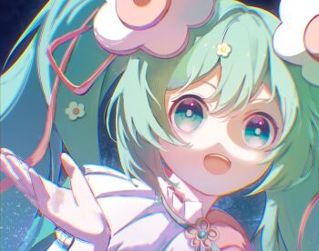 1girl aqua_eyes awsj7858 chromatic_aberration commentary_request flower hair_flower hair_ornament hand_up hatsune_miku long_hair looking_at_viewer magical_mirai_miku magical_mirai_miku_(2021) open_mouth portrait shadow smile solo twintails vocaloid white_flower
