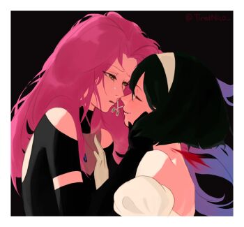 2girls alien_stage black_background black_dress black_gloves black_hair blood_from_neck blue_hair border closed_eyes clothing_cutout commentary dress english_commentary gloves hairband hand_on_another&#039;s_face headset highres mizi_(alien_stage) multicolored_hair multiple_girls pink_hair shoulder_cutout smile sua_(alien_stage) tirednico two-tone_hair white_border white_hairband yellow_eyes yuri