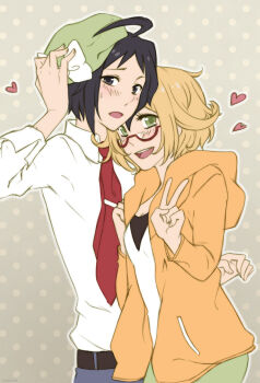 1boy 1girl ahoge bianca_(pokemon) black_hair blush cheren_(pokemon) collared_shirt green_eyes green_hat grey_outline hat heart hover_hand jacket looking_at_viewer necktie nintendo open_clothes open_jacket orange_jacket outline pokemon pokemon_black_2_and_white_2 red-framed_eyewear red_necktie rueme shirt smile source_request v white_shirt