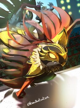 absurdres bird bo_(bouillustration) cheering claws clenched_teeth crowd extra_arms faceless feathers furry gen_1_pokemon gen_6_pokemon hawlucha highres luchador luchador_mask machamp mask mega_hawlucha mega_pokemon multiple_others nintendo plume pokemon pokemon_(creature) pokemon_focus red_eyes screen teeth wing_cape wings wrestling wrestling_ring