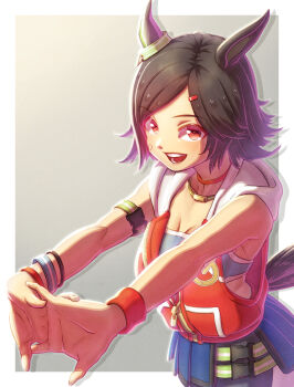 Rule 34 | 1girl, animal ears, bandaid, bandaid on cheek, bandaid on face, bandeau, black hair, black shorts, blue bandeau, blue skirt, blue sports bra, blush, bracelet, breasts, choker, commentary request, creape, ear ornament, hair ornament, hairclip, highres, hood, hoodie, horse ears, horse girl, horse tail, jacket, jewelry, low-cut armhole, open mouth, red choker, red eyes, red jacket, short hair, shorts, skirt, sleeveless, sleeveless hoodie, sleeveless jacket, smile, solo, sports bra, stretching, tail, umamusume, winning ticket (get to winning!) (umamusume), winning ticket (umamusume), wristband