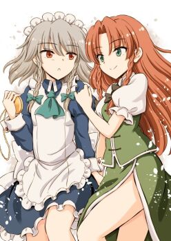 2girls apron ascot bare_legs blue_shirt blue_skirt bow braid china_dress chinese_clothes dress frilled_apron frilled_skirt frills green_ascot green_bow green_eyes green_skirt green_vest grey_hair hand_on_another&#039;s_shoulder hirasaka_makoto holding holding_pocket_watch hong_meiling izayoi_sakuya long_sleeves looking_at_another maid maid_apron maid_headdress multiple_girls no_headwear orange_hair pocket_watch puffy_short_sleeves puffy_sleeves red_eyes shirt short_sleeves skirt smile snow touhou twin_braids vest watch white_trim yuri