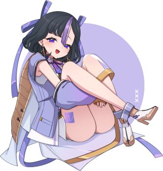 1girl ankle_cuffs ass black_hair blush chiji_komari detached_sleeves earrings fang goddess_of_victory:_nikke hair_ribbon happy high_heels highres hugging_own_legs jacket jewelry leg_tattoo looking_at_viewer mole mole_under_eye multicolored_hair necktie open_mouth purple_eyes purple_hair purple_jacket purple_necktie purple_ribbon purple_rope purple_sleeves raised_eyebrow ribbon rope shirt short_hair short_necktie sitting skirt streaked_hair syuen_(nikke) tattoo triangle_earrings white_background white_hair white_shirt white_skirt