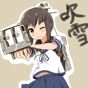 Rule 34 | 1girl, aiming, blue neckerchief, blue skirt, blush, brown background, brown hair, character name, commentary request, cowboy shot, fubuki (kancolle), green sailor collar, grey eyes, hair between eyes, holding, holding turret, kantai collection, looking at viewer, low ponytail, mast, medium hair, midriff peek, navel, neckerchief, one eye closed, outline, pa. (tatuya28001), pleated skirt, ponytail, rigging, sailor collar, ship turret, shirt, short sleeves, sidelocks, simple background, skirt, smokestack, solo, turret, white outline, white shirt