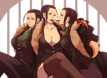 3girls amputee black_hair breasts cigar cleavage coat ascot fur_trim genderswap genderswap_(mtf) hook hook_hand jacket jacket_on_shoulders large_breasts multiple_girls multiple_persona one_piece scar short_hair crocodile_(one_piece) smoking thighhighs