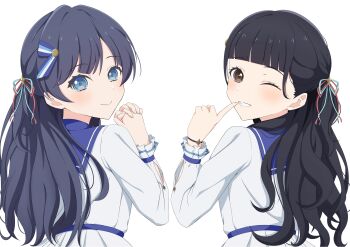 2girls 365_days_(love_live!) 5th_live_tour_~4pair_power_spread!!!!~ ;d absurdres animification black_hair blue_eyes blue_hair blue_ribbon blue_sailor_collar brown_eyes closed_mouth commentary_request flower_stand_art from_behind grin hair_ornament hair_ribbon highres link!_like!_love_live! long_sleeves looking_at_viewer looking_back love_live! multiple_girls murano_sayaka nonaka_kokona official_alternate_costume one_eye_closed open_mouth real_life red_ribbon ribbon sailor_collar shirt simple_background smile split_mouth star_(symbol) star_hair_ornament virtual_youtuber voice_actor voice_actor_connection white_background white_shirt zanpon