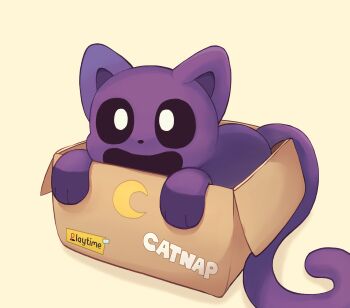:d absurdres animal animal_ears animal_focus animal_hands animal_nose baby_animal black_eyes body_fur box bright_pupils cardboard cat cat_ears catnap_(poppy_playtime) crescent highres in_box in_container kitten looking_at_viewer no_humans open_mouth poppy_playtime purple_cat purple_fur purple_tail rapiket simple_background smile tail white_pupils yellow_background