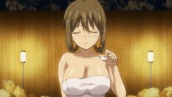 10s 2012 alcohol animated animated_gif bath_towel bottle breasts brown_hair choko_(cup) closed_eyes collarbone crossed_legs cup hair_bun koiito_kinenbi_the_animation large_breasts mature_female onsen outdoors sake sake_bottle sauna sweat tagme towel yurie_okunaga