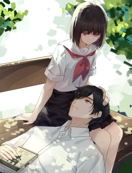 Rule 34 | 1boy, 1girl, ahoge, arm support, bench, black hair, black skirt, book, chikong ice, closed mouth, green eyes, highres, kobato jougorou, lap pillow, looking at another, medium hair, neckerchief, osanai yuki, outdoors, park bench, pleated skirt, red eyes, red neckerchief, sailor collar, school uniform, shirt, short hair, short sleeves, shoushimin series, sitting, skirt, white sailor collar, white shirt