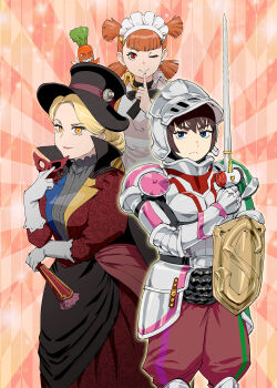 3girls black_cape black_hat blonde_hair blue_eyes brown_hair cape carrot closed_mouth commentary_request dial dress eye_mask finger_to_mouth folded_fan folding_fan frown gloves gold_hair_tie grey_gloves hair_ornament hair_tie hairclip hand_fan hat helmet highres holding holding_carrot holding_fan holding_mask holding_sword holding_weapon kaitou_sentai_lupinranger_vs._keisatsu_sentai_patranger knight lipstick looking_at_viewer maid maid_headdress makeup mask multiple_girls one_eye_closed original outer_glow pants personification pink_lips quad_tails red_dress red_eyes red_mask red_pants serious shield smile sparkle super_sentai sword ueyama_michirou unworn_mask visor_(armor) weapon yellow_eyes