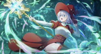 1girl 2.5_jigen_no_ririsa 2.5_jigen_no_ririsa_tenshitachi_no_stage 753_(2.5_jigen_no_ririsa) adjusting_clothes adjusting_headwear aqua_background belt black_garter_straps black_thighhighs blue_eyes breasts commentary_request copyright_notice cosplay garter_straps grey_hair hat high-waist_skirt highres holding holding_staff large_breasts layered_sleeves long_sleeves looking_to_the_side mage_staff magic official_art open_mouth puffy_sleeves red_hat red_skirt short_hair short_over_long_sleeves short_sleeves skirt solo staff teeth thigh_belt thigh_strap thighhighs third-party_source upper_teeth_only witch_hat