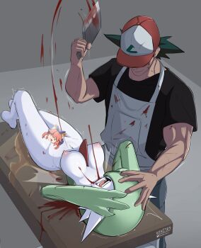 1boy 1girl absurdres apron arms_up ash_ketchum bahamosia blood blood_in_hair blood_on_ground blood_on_hands blood_splatter blood_spray bloody_knife bloody_weapon breasts butcher cleaver clothed_male_nude_female colored_skin completely_nude convenient_censoring covered_eyes covering_own_eyes crying execution facing_another facing_up gardevoir gen_3_pokemon green_hair grey_background grey_pants guro hand_on_another&#039;s_head hand_on_own_face hand_on_own_head hat highres holding holding_knife humanization imminent_amputation imminent_murder indoors knee_up knife looking_at_another lying medium_breasts multicolored_skin nintendo nude on_back on_table open_mouth pants pee peeing peril pokemon pokemon_(anime) pokemon_(classic_anime) pokemon_(creature) puffy_nipples red_hat screaming shirt signature smirk streaming_tears struggling table tears toned toned_male torture trembling two-tone_skin weapon white_apron white_shirt
