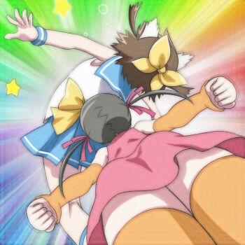 2girls animal_ears ass black_hair blue_skirt bow brown_hair cat_ears cat_girl detached_sleeves dress etotama from_behind from_below hair_bow hair_ribbon headbutt jumping loli long_sleeves multiple_girls nyaa-tan orange_thighhighs pink_dress pink_ribbon rainbow_background ribbon school_uniform shirt short_hair skirt sleeveless sleeveless_dress sleeveless_shirt star_(symbol) sunburst sunburst_background t_jiroo_(ringofriend) thighhighs twintails uri-tan waist_bow white_shirt wristband yellow_bow