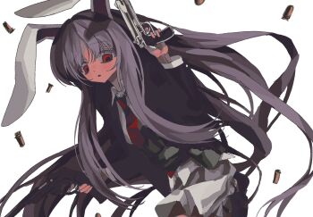 1girl aiming_up animal_ears gun handgun highres holding holding_gun holding_weapon long_hair looking_at_viewer ludo_(grapewood1005) necktie purple_eyes rabbit_ears rabbit_girl reisen_udongein_inaba shell_casing solo touhou very_long_hair weapon