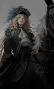 1girl ascot augustus_(path_to_nowhere) black_choker black_horse blonde_hair blue_hat blue_jacket choker commentary curly_hair english_commentary fengbuxiao forehead grey_background hat hat_ornament highres horseback_riding jacket kepi looking_at_viewer looking_down military_hat military_jacket military_uniform parted_bangs path_to_nowhere reins riding signature simple_background solo twitter_username white_ascot