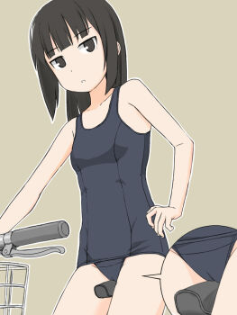 Rule 34 | 1girl, bare shoulders, bicycle, black eyes, black hair, cameltoe, crotch rub, female focus, glasses, hand on own hip, looking at viewer, one-piece swimsuit, original, parted lips, school swimsuit, short hair, simple background, solo, sukumi's!, swimsuit, takafumi, urasoe kurumi