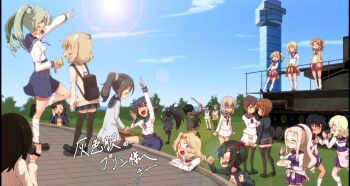 6+girls absurdres alternate_costume alternate_hairstyle anchovy_(girls_und_panzer) andou_(girls_und_panzer) angry animal_ears arms_on_stage arms_up asymmetrical_bangs backpack bag bandages bear_ears black_bag black_bow black_bowtie black_cardigan black_eyes black_hair black_skirt black_socks black_thighhighs blazer blonde_hair blue_bow blue_bowtie blue_eyes blue_jacket blue_sailor_collar blue_skirt blue_sky blush boko_(girls_und_panzer) boko_(girls_und_panzer)_(cosplay) bow bowtie braid breasts brown_eyes brown_hair brown_shoes brown_skirt brown_sweater cake cake_slice camera cardigan carrying chasing checkered_clothes checkered_skirt chewing_gum closed_eyes clothes_around_waist coffee collarbone collared_shirt commentary_request commission cosplay cowboy_shot curly_hair double_bun dress_shirt drill_hair fake_animal_ears fighting flower food fork from_side girls_und_panzer grass green_eyes green_hair grey_hair grey_hoodie gyaru hair_bun hair_down hair_ribbon hair_tie hand_on_railing hands_in_pockets highres holding holding_camera holding_food holding_fork holding_pizza holding_plate holding_sword holding_weapon hood hoodie instrument instrument_on_lap itsumi_erika jacket jacket_around_waist jealous jinguu_(4839ms) kantele karl_gerat katyusha_(girls_und_panzer) kawashima_momo kay_(girls_und_panzer) leg_up loafers long_hair long_sleeves looking_at_viewer low_ponytail marie_(girls_und_panzer) midriff midriff_peek mika_(girls_und_panzer) miniskirt multiple_girls music navel neckerchief nishi_kinuyo nishizumi_maho nishizumi_miho nishizumi_shiho nonna_(girls_und_panzer) official_alternate_costume official_alternate_hairstyle ogin_(girls_und_panzer) on_lap one_side_up ooarai_(ibaraki) ooarai_marine_tower open_mouth orange_cardigan orange_hair oshida_(girls_und_panzer) oversized_clothes panties pantyshot party_popper pepperoni_(girls_und_panzer) pink_jacket pink_ribbon pizza pizza_slice plaid_clothes plaid_skirt plate playing_instrument pleated_skirt pointing pointing_up ponytail purple_neckerchief purple_ribbon purple_skirt purple_vest recording red_bow red_bowtie red_eyes red_neckerchief red_sailor_collar red_skirt retro_artstyle ribbon sailor_collar school_bag school_uniform scimitar serafuku shaded_face shimada_arisu shimada_chiyo shirt shoes short_hair skeb_commission skirt sky smile socks solo spoon stage standing standing_on_one_leg straight_hair sun sunlight sweatdrop sweater sword thighhighs tied_jacket tongue tongue_out tree twin_drills twintails tying_neckerchief underwear utensil_in_mouth vest weapon whipped_cream white_background white_panties white_serafuku white_shirt white_skirt yellow_sweater