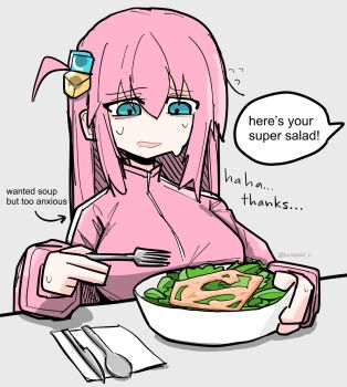 1girl blue_eyes bocchi_the_rock! breasts commentary cube_hair_ornament dc_comics english_commentary flying_sweatdrops fork gotoh_hitori hair_ornament highres holding holding_fork jacket large_breasts nervous_smile nervous_sweating one_side_up pink_hair pink_jacket pun salad smile solo spoon superman_(series) superman_logo sweat table_knife track_jacket tunaplus_c twitter_username