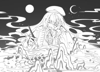 1girl :d beret bird black_background blush braid cardigan center_frills chinese_commentary closed_eyes cloud collared_shirt commentary crabwzzzz crescent_moon dissolving elbow_rest facing_viewer frills full_moon giant giantess greyscale hair_between_eyes hat head_rest heroine_(lovebrush_chronicles) highres holding holding_paintbrush house long_hair long_sleeves lovebrush_chronicles monochrome moon mountain neck_ribbon night open_cardigan open_clothes open_mouth paintbrush ribbon shirt side_braid smile smoke solo straight-on upper_body very_long_hair vest watermark weibo_watermark xiangyun