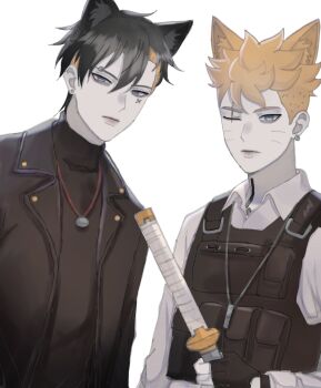 Rule 34 | 2boys, animal ears, black gloves, black hair, black joke, black serafuku, blonde hair, blue eyes, boruto: two blue vortex, bulletproof vest, cat ears, earrings, fingerless gloves, gloves, grey eyes, highres, holding, holding sword, holding weapon, ifevilwhyuhot, jewelry, kawaki (boruto), kemonomimi mode, male focus, multicolored hair, multiple boys, naruto (series), necklace, one eye closed, scar, scar across eye, scar on face, school uniform, serafuku, stud earrings, sweater, sword, turtleneck, turtleneck sweater, two-tone hair, undercut, uzumaki boruto, weapon