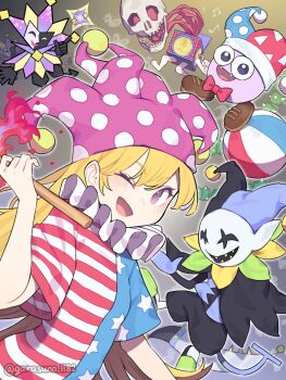 :d american_flag_dress ball beachball blonde_hair blush character_request clownpiece copyright_request deltarune dimentio fire garasuno hat highres holding holding_torch jester_(lethal_company) jester_cap jevil kirby_(series) lethal_company long_hair looking_at_viewer mario_(series) marx_(kirby) neck_ruff nintendo one_eye_closed open_mouth paper_mario polka_dot_headwear purple_eyes purple_hat short_sleeves smile star_(symbol) star_print super_paper_mario torch touhou twitter_username utdr_(toby_fox) very_long_hair