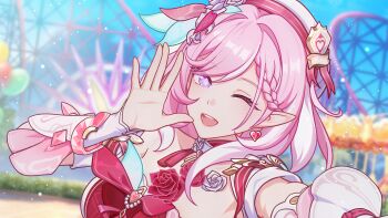 1girl ;o absurdres amusement_park balloon bare_shoulders beret blue_sky breasts chinese_commentary commentary_request diamond-shaped_pupils diamond_(shape) dress earrings elf elysia_(hi_love_elf)_(honkai_impact) elysia_(honkai_impact) hat heart heart_earrings henjiwumei highres honkai_(series) honkai_impact_3rd jewelry large_breasts long_hair looking_at_viewer one_eye_closed pink_hair pointy_ears purple_eyes red_dress roller_coaster sky solo symbol-shaped_pupils very_long_hair