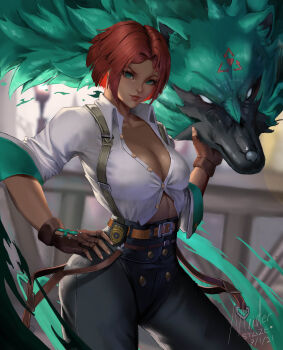 1girl absurdres arrow_(symbol) badge belt black_pants blank_eyes blurry blurry_background breasts brown_gloves cleavage closed_mouth collarbone collared_shirt commentary contrapposto cowboy_shot curtained_hair dark-skinned_female dark_skin dated dress_shirt english_commentary facial_mark fingerless_gloves fingernails forehead forehead_mark giovanna_(guilty_gear) gloves green_eyes green_fur guilty_gear guilty_gear_strive hand_on_own_hip high-waist_pants highres large_breasts legs_apart long_sleeves looking_at_viewer medium_hair meister_staze midriff no_pupils pants railing recycling_symbol red_hair rei_(guilty_gear) shadow shirt signature sleeves_rolled_up smile snout solo standing suspenders thighs v-shaped_eyebrows white_eyes white_sleeves wolf