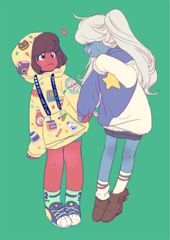 2girls alternate_costume animal_print blue_footwear blue_skin blush bottle brown_eyes brown_footwear brown_hair can candy cat_print chuong clothes_writing colored_skin cookie_cat_(steven_universe) covered_eyes denim denim_skirt donut drawstring drink_can floating food food_print frown full_body green_background grey_hair gummy_bear hair_over_eyes highres holding_hands hood hood_up hoodie jelly_bean ketchup_bottle lollipop long_hair long_sleeves looking_at_another loose_socks marshmallow mayonnaise milk_carton multiple_girls pencil_skirt pigeon-toed ponytail print_hoodie print_sweater red_skin ruby_(steven_universe) sapphire_(steven_universe) shoes simple_background skirt sleeves_past_fingers sleeves_past_wrists smile sneakers socks soda_can star_(symbol) star_print steven_universe sticker sweater two-tone_sweater white_footwear yellow_hoodie