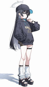 1girl absurdres alternate_costume baseball_cap black_hair black_hat black_sweater blue_archive blush breasts choker drawstring eco_376124 expressionless full_body grey_eyes halo hat highres hood hooded_sweater kisaki_(blue_archive) kneehighs long_hair long_sleeves looking_at_viewer platform_heels small_breasts socks solo sweater thigh_strap