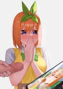 1boy 1girl after_ejaculation amog blue_eyes blush bob_cut bow breasts censored collared_shirt commentary_request covering_mouth covering_own_mouth cum cum_on_object cum_on_picture embarrassed go-toubun_no_hanayome green_bow green_hairband green_ribbon hair_between_eyes hair_ribbon hairband hands_on_own_face highres juxtaposition large_breasts male_masturbation masturbation medium_hair mosaic_censoring nakano_yotsuba orange_hair own_hands_clasped own_hands_together penis photo_(object) ribbon school_uniform shirt simple_background sweater sweater_vest watching white_background white_shirt yellow_sweater yellow_sweater_vest