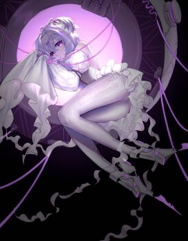 1girl ahoge ass bare_shoulders bound bound_wrists character_name closed_mouth clothes_writing detached_sleeves frilled_skirt frills goddess_of_victory:_nikke hair_intakes headband headgear high_heels highres leotard liberalio_(nikke) looking_at_viewer lying machine on_side pantyhose pleated_skirt prprprprpr purple_eyes purple_hair short_hair sidelocks skirt sleeves_past_fingers sleeves_past_wrists solo white_leotard white_pantyhose white_skirt white_sleeves wide_sleeves