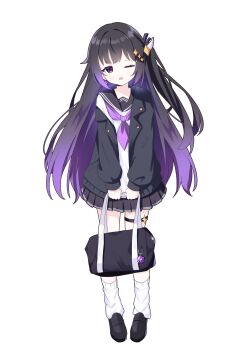 1girl absurdres artist_request bag bag_charm black_hair black_jacket black_sailor_collar black_shoes black_skirt blazer charm_(object) commentary_request commission d20_(die) diamond_hair_ornament dice dice_earrings dot_nose earrings full_body gradient_hair hair_ornament highres holding holding_bag jacket jewelry lapels loafers long_hair looking_at_viewer loose_socks miniskirt multicolored_hair neckerchief notched_lapels off_shoulder one_eye_closed one_side_up open_clothes open_jacket open_mouth original pleated_skirt polyhedral_dice purple_eyes purple_hair purple_neckerchief sailor_collar school_bag school_uniform second-party_source serafuku shirt shoes skirt socks solo standing star_(symbol) star_hair_ornament straight-on straight_hair thigh_strap transparent_background white_shirt white_socks