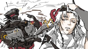 1girl chatterbox_(nikke) goddess_of_victory:_nikke jujutsu_kaisen long_hair meme naoya_hitting_choso_without_looking_(meme) non-web_source open_mouth rapture_(nikke) red_eyes robot snow_white_(heavy_arms)_(nikke) snow_white_(nikke) teeth white_hair