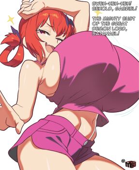 1girl absurdres bat_hair_ornament blush breasts fang gabriel_dropout hair_between_eyes hair_ornament hair_ribbon hair_rings highres hood hoodie large_breasts looking_at_viewer mewmaster93 open_mouth red_eyes red_hair ribbon satanichia_kurumizawa_mcdowell shirt sleeveless sleeveless_hoodie smile solo v-shaped_eyebrows