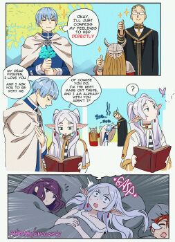 2girls 4boys ? absurdres artist_name beard blue_hair blush book bug butterfly cloak comic crying dwarf earrings eisen_(sousou_no_frieren) elf english_text facial_hair fern_(sousou_no_frieren) flower frieren gasp glasses green_eyes hair_over_shoulder heiter helmet highres himmel_(sousou_no_frieren) insect jewelry long_hair mole mole_under_eye multiple_boys multiple_girls nose_bubble open_mouth patreon_username pointy_ears purple_eyes purple_hair red_hair short_hair sidelocks signature sleeping snegovski sousou_no_frieren speech_bubble spoken_question_mark staff stark_(sousou_no_frieren) thought_bubble thumbs_up twintails waking_up white_hair