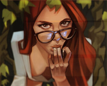 1girl breasts brown_eyes brown_hair dc_comics finger_sucking glasses kriminal leaf long_hair looking_at_viewer medium_breasts poison_ivy shirt solo upper_body white_shirt
