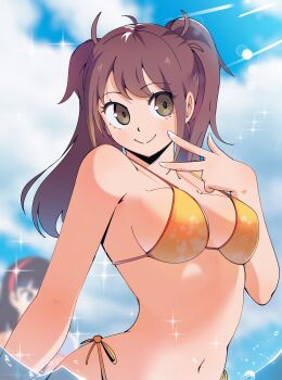 Rule 34 | 1girl, 2girls, absurdres, amagi yukiko, bare shoulders, bikini, black hair, blue sky, blunt bangs, breasts, brown eyes, brown hair, cloud, cloudy sky, floral print, gjh, hair between eyes, hairband, highres, kujikawa rise, light rays, long sidelocks, medium breasts, medium hair, multiple girls, navel, partially submerged, persona, persona 4, red hairband, side-tie bikini bottom, sidelocks, sky, smile, solo focus, sparkle, splashing, swimsuit, twintails, v, yellow bikini