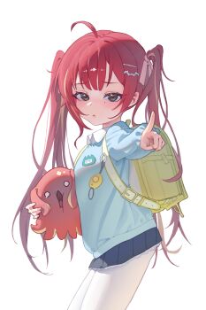 Rule 34 | 1girl, absurdres, aged down, ahoge, akane lize, backpack, bag, black skirt, blue sweater, choppy bangs, closed mouth, commentary request, cowboy shot, creature, crime prevention buzzer, from side, grey eyes, highres, holding, holding creature, jaeyun5407, kindergarten uniform, korean commentary, long hair, long sleeves, looking at viewer, looking to the side, miniskirt, mole, mole under eye, multicolored hair, pantyhose, pienna (akane lize), pleated skirt, randoseru, red hair, simple background, skirt, solo, standing, stellive, streaked hair, sweater, turning head, twintails, very long hair, virtual youtuber, white background, white pantyhose