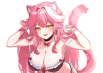 1girl :d absurdres black_bra black_panties bra breasts center-flap_bangs cleavage commentary_request cyanzan double-parted_bangs double_strap_slip fang frilled_bra frilled_panties frills hand_in_own_hair hands_up highres hololive hololive_english large_breasts long_hair multicolored_hair open_mouth panther_girl panther_tail panties pink_hair raora_panthera sidelocks simple_background skin_fang smile solo streaked_hair tail underwear very_long_hair virtual_youtuber white_background white_streaks yellow_eyes