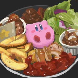 Rule 34 | black background, blue eyes, blush stickers, bowl, chewing, closed mouth, colored skin, commentary request, food, highres, kirby, kirby (series), lying, meat, miclot, nintendo, no humans, on back, oversized food, oversized object, pink skin, plate, potato wedges, red footwear, salad, shoes, smile, solo, star (symbol)