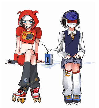 Rule 34 | 2girls, autobot, black gloves, black leg warmers, black vest, blaster (transformers), blue eyes, blush, collared shirt, commentary request, crop top, crossed legs, decepticon, fingerless gloves, genderswap, genderswap (mtf), gloves, grey skirt, hat, headphones, highres, hood, hooded shirt, horned hood, horns, humanization, kotobukiya bishoujo, leg warmers, long sleeves, mask, mouth mask, multiple girls, navel, pleated skirt, purple hat, red-tinted eyewear, red hair, red skirt, roller skates, shirt, short sleeves, simple background, sitting, skates, skirt, sleeves past wrists, soundwave (transformers), tinted eyewear, transformers, transformers: generation 1, user utjz3525, vest, walkman, white background, white hair, white hat, white leg warmers, yuri