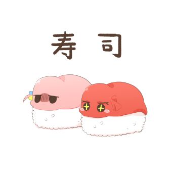 +_+ blush_stickers bocchi_the_rock! commentary_request cube_hair_ornament fish_(food) food gotoh_hitori gotoh_hitori_(tsuchinoko) hair_ornament in_food jitome kita_ikuyo nigirizushi no_humans one_side_up rebecca_(keinelove) rice shadow simple_background sushi translated turn_pale white_background