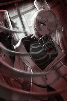 1girl black_shirt blue_eyes breasts coat faust_(project_moon) highres indoors large_breasts limbus_company long_sleeves looking_at_viewer mask nra_3614 oxygen_mask oxygen_tank project_moon respirator shirt short_hair solo standing thoracalgia_(e.g.o) upper_body white_coat white_hair window